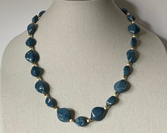 Vintage blue beaded necklace, gold bead necklace, white bead necklace, statement necklace, 24" necklace, screw closure, beaded jewelry