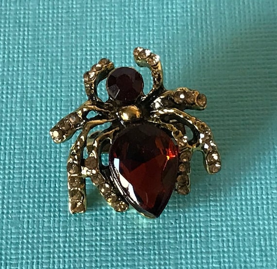 Rhinestone spider brooch, brown spider pin, brown