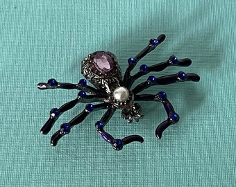 Large purple and blue rhinestone spider pin, faux pearl spider pin, spider jewelry, Halloween spider, rhinestone spider pins, purple spider