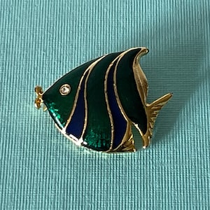 Vintage fish brooch, rhinestone fish pin, green fish brooch, blue fish brooch, gold fish brooch, fish jewelry, striped fish pin, fish brooch