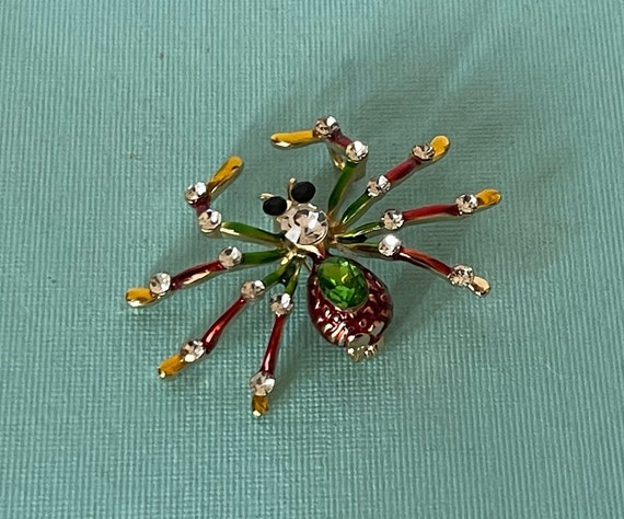 Green rhinestone spider brooch, yellow spider bro… - image 2