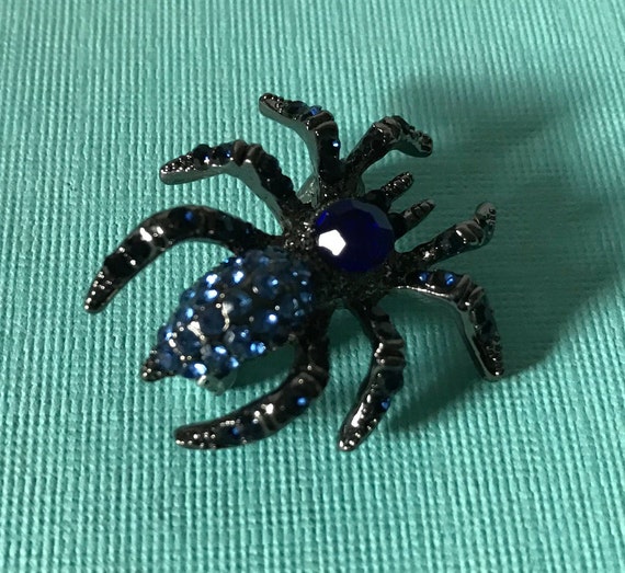 Blue rhinestone spider brooch, spider jewelry, rhi