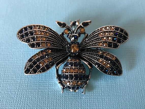 Blue rhinestone bumble bee pin, bee brooch, bee j… - image 3