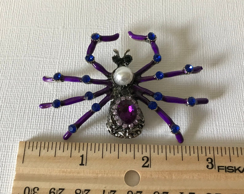 purple spider rhinestone spider pins faux pearl spider pin Large purple and blue rhinestone spider pin spider jewelry Halloween spider