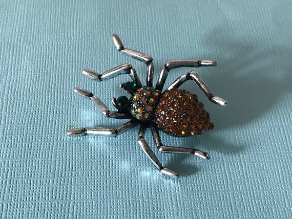 Rhinestone spider pin, green eye spider brooch, spider jewelry, Halloween spider pin, brown spider pin, silver spider, amber spider, brown