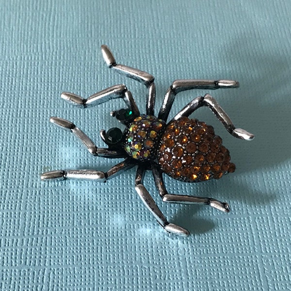 Rhinestone spider pin, green eye spider brooch, spider jewelry, Halloween spider pin, brown spider pin, silver spider, amber spider, brown