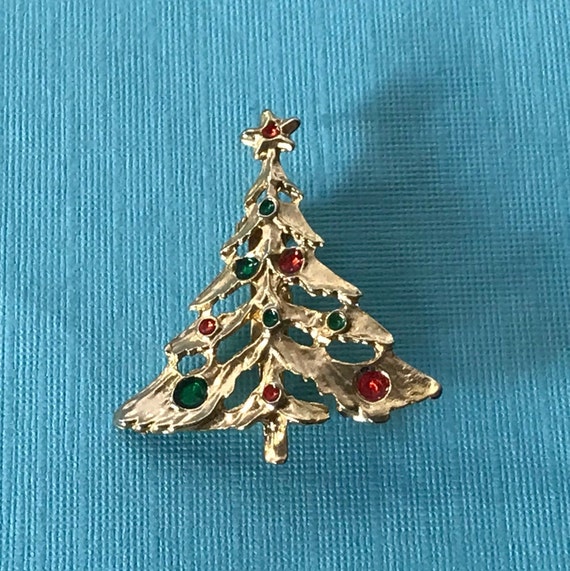 Vintage Christmas tree brooch, gold Christmas tre… - image 3