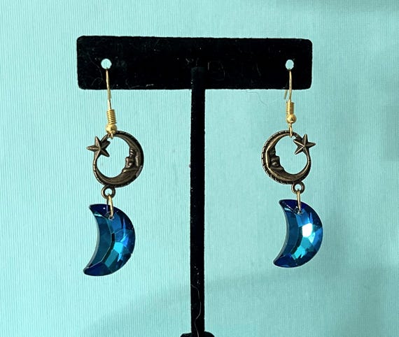 Rhinestone moon earrings, crescent moon earrings, drop earrings, blue moon earrings, moon jewelry, 2" drop earrings, crystal moon earrings