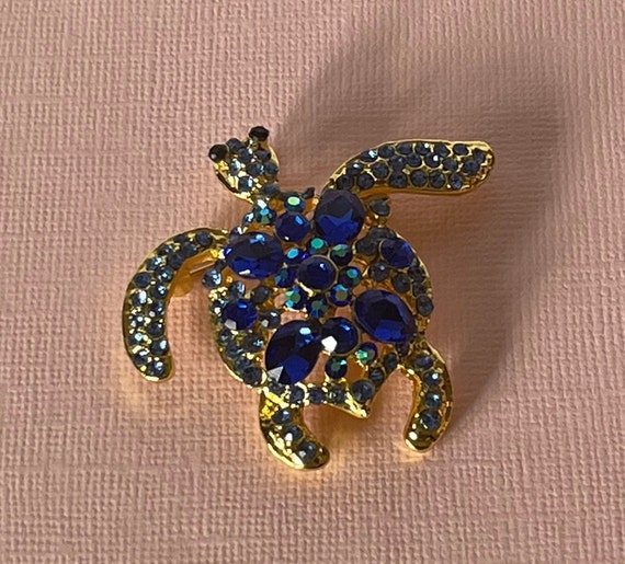 Rhinestone turtle brooch, blue turtle pin, sea tu… - image 2