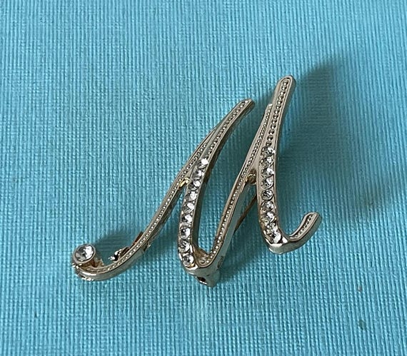 Vintage letter M brooch, letter M jewelry, rhinestone letter m pin, gold letter M brooch, letter m vintage, letter w, letter w jewelry,