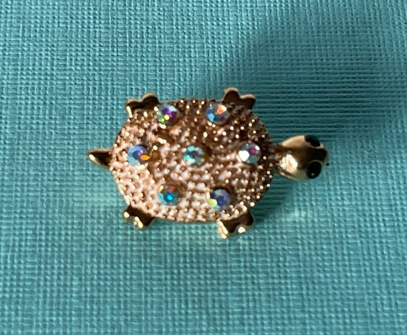 Rhinestone turtle brooch, gold turtle pin, tortoi… - image 1