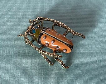Orange rhinestone beetle brooch, rhinestone roach brooch, longhorn beetle pin, insect pin, orange beetle pin, roach brooch, bug jewelry