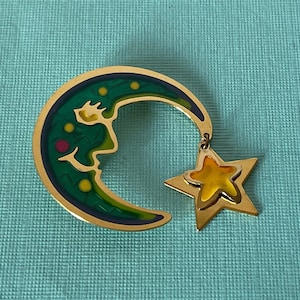 Vintage crescent moon brooch, dangle moon pin, man in the moon brooch, green moon pin, moon and stars brooch gold crescent moon brooch stars