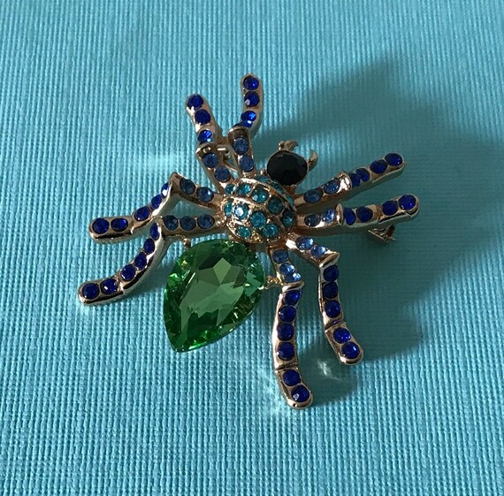 Green and blue rhinestone spider brooch, spider br