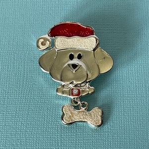 Vintage dog brooch, Santa dog brooch, vintage Christmas dog pin, dog jewelry, Christmas brooch, dog with dangle bone, Christmas jewelry