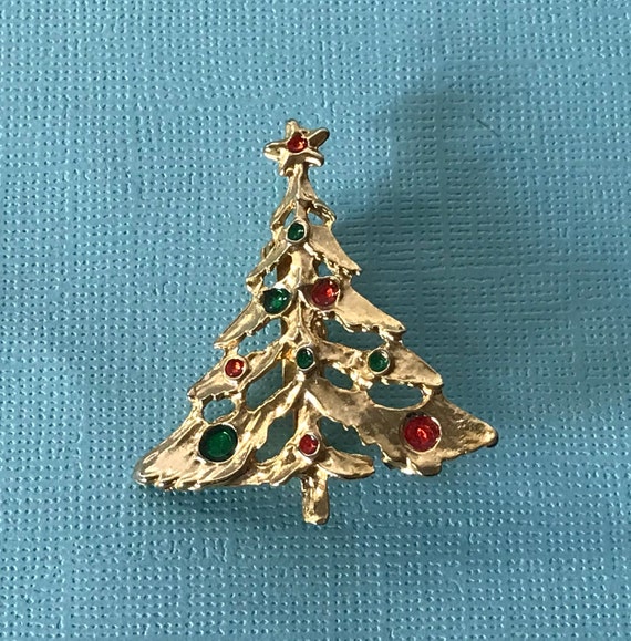 Vintage Christmas tree brooch, gold Christmas tre… - image 1