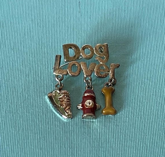 Vintage dog lover brooch, dog lover dangle pin, bone, old shoe, fire hydrant, dog jewelry, dog gifts, silver dog lover brooch, dog jewelry