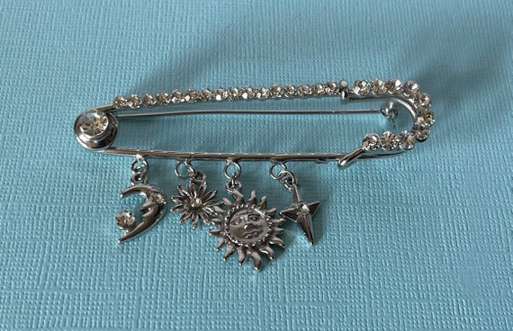 Vintage safety pin brooch, vintage moon and stars… - image 2