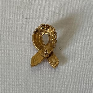 May include: A gold-toned ribbon brooch with a pin on the back. The ribbon is made of small, raised squares.
