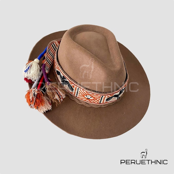 Chapeau andin marron, chapeau Fedora, chapeau artisanal péruvien, chapeau mixte en feutre et alpaga, chapeau à bande tissée Inka-q'ero, chapeau durable