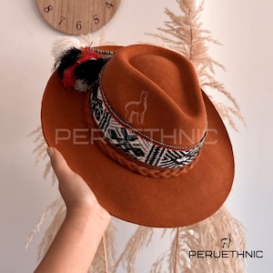 Camel-colored Andean hat, Fedora hat, Peruvian artisan hat, mixed felt and alpaca hat, Inka-q&#39;ero woven band hat, sustainable hat