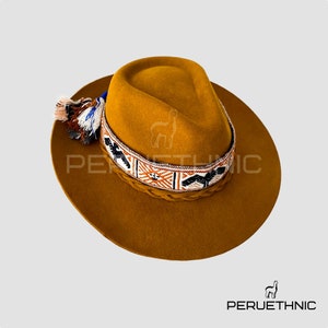 Beige Andean hat, Fedora hat, Peruvian artisan hat, mixed felt and alpaca hat, Inka-q&#39;ero woven band hat, sustainable hat