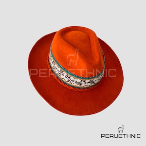 Orange Andean hat, Fedora hat, Peruvian artisan hat, mixed felt and alpaca hat, Inka-q&#39;ero woven band hat, sustainable hat