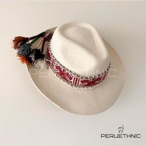 Cream Andean hat, Fedora hat, Peruvian artisan hat, mixed felt and alpaca hat, Inka-q&#39;ero woven band hat, sustainable hat