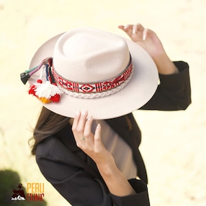 Felt Fedora Hat with Andean Motif Band. White Winter Fedora for Women. Boho Hat.  Women Hats. White Fedora. Womens White Hat