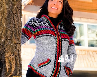 Alpaka-Wollpullover, Damen-Alpaka-Wolljacke, Kapuzenpullover mit Alpaka-Design, Graue Alpaka-Wolljacke mit Reißverschluss, Perfektes Geschenk