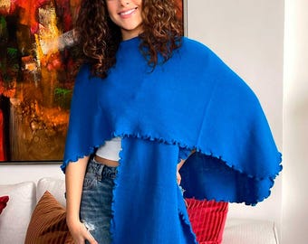 Blue Alpaca Wool Ruana Andean Fringe, Winter Women Cape, Boho Wrap Large, Warm Gift, Cozy Ruana Fest