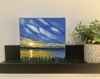 Sunset over water original acrylic painting, small, 6 x 6 inches on gallery canvas, home decor, wall art