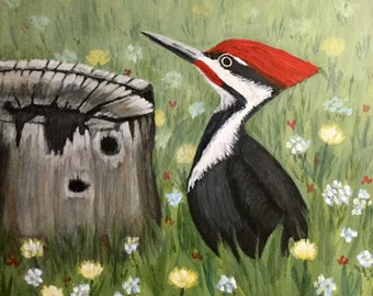 Original acrylic painting on gallery canvas, woodpecker, bird, nature, wildlife
