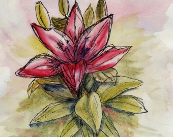 Pink Asian Lily, Watercolor and Ink, Digital Download, Wall Art, Home Decor