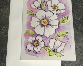 White flower art card, hand painted in watercolour and ink, blank greeting card, Mother's Day, birthday, friendship