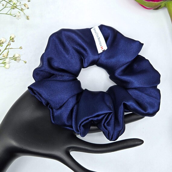 Navy Blue Satin Scrunchie – Handmade Hair Tie, Elegant Satin Hair