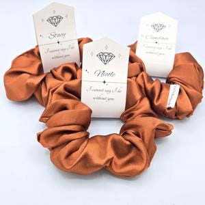 Rust Orange Satin Scrunchie – Personalized Bridesmaid Gift, Custom Name Tag, Fall Wedding Favor, Handmade in Canada