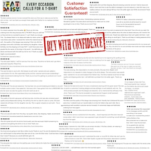 K&ouml;nnte beinhalten: Eine Collage von Kundenbewertungen f&uuml;r ein T-Shirt-Unternehmen namens "The Fat Daisy". Die Bewertungen heben den exzellenten Kundenservice, den schnellen Versand und die hohe Qualit&auml;t der Produkte des Unternehmens hervor. Die Bewertungen erw&auml;hnen auch die Bereitschaft des Unternehmens, Bestellungen zu individualisieren, und die insgesamt positive Erfahrung, die Kunden mit dem Unternehmen gemacht haben.