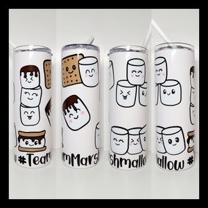 Team Marshmallow 20 oz Skinny Travel Tumbler. Includes flexible straw and closing lid