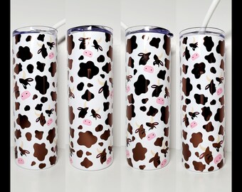 Vaso con estampado de vaca / Vaso delgado blanco de 20 oz / Incluye pajita de silicona a juego