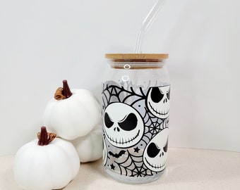 Jack Pumpkin King Glow-In-Dark Iced Coffee Glass Cup with Bamboo Lid