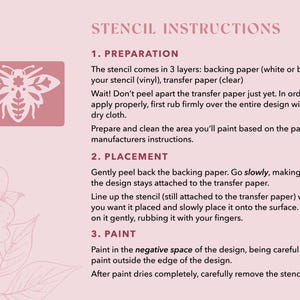 May include: Pink instructional guide for using a stencil. The guide includes steps for preparation, placement, and painting. A decorative bee stencil is shown in the upper left corner. The text is in a dark pink colour.