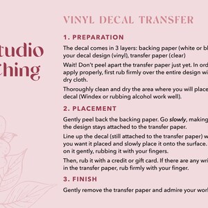 May include: A pink background with instructions for applying a vinyl decal transfer. The text includes steps for preparation, placement, and finishing. The Studio Ching logo is in the upper left corner.