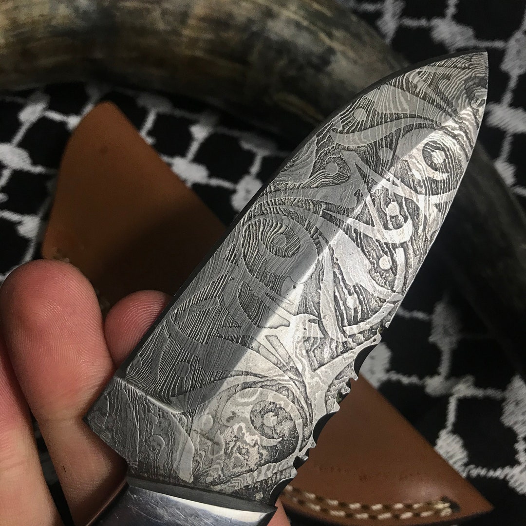Custom Made Engraved Damascus Knife With Blue Wood Handle Leather Case