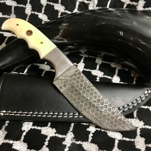 Custom Made Damascus Knife W/ Engraved Damascus Blade & Bone Handle + Leather Case Gifts For Men, Exotic Gift, Anniversary Gift