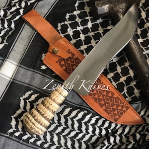 Personalized 15 INCH High Carbon Steel Knife With Armadillo Scales Handle Steel Bowie Knife + Leather Case Hunting Knife