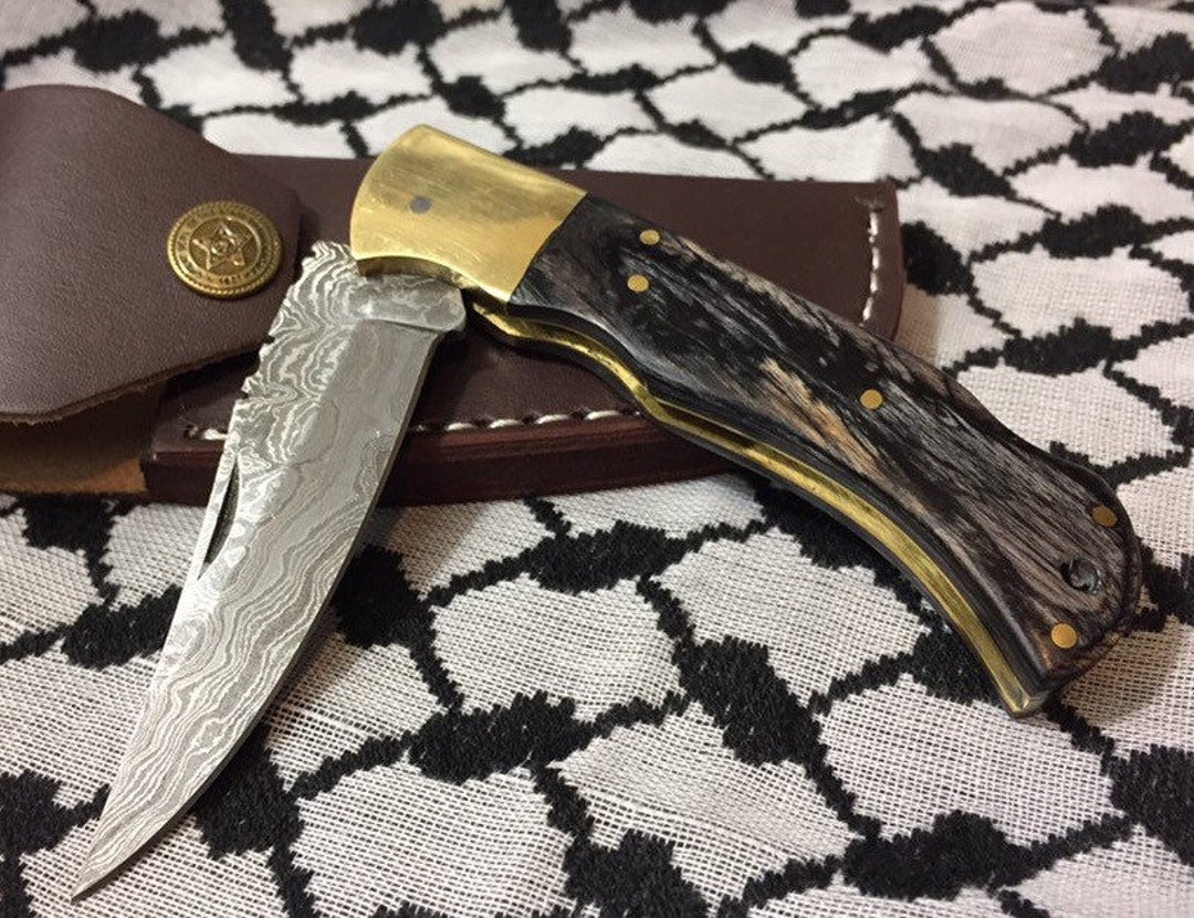Personalized Damascus Folding Knife With a Dyed Gray Wood Handle