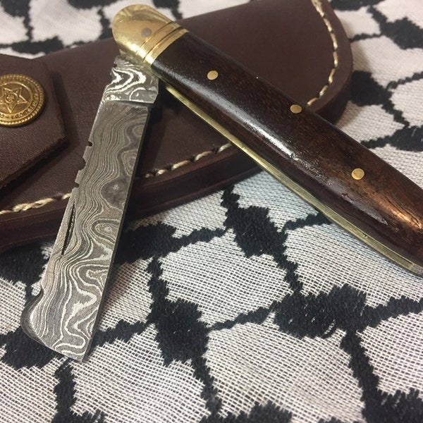 Personalized "The Rhino" Damascus Folding Knife With a Brown Wood Handle + Leather Case Damascus Grafting Knife Gift For Her Gift For Men