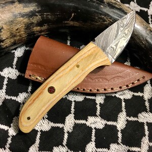Custom Made Damascus Knife With Natural Wood Handle + Leather Case Mini Damascus Knife Gifts for Men, Camping, Groomsmen, Skinning Knife