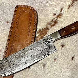 12’ Custom Butcher Knife Chef Knife Raindrop Damascus Rosewood Handle, Chef Knife, Cook Knife, Anniversary, Birthday Gift